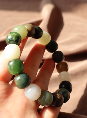 罕见方言和田玉新疆沙枣青且末糖碧玉籽黄沁老型珠13mm多宝手串A2