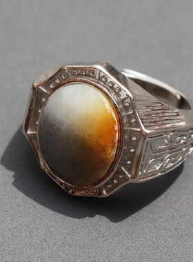 方言和田玉黄沁油皮青花籽料戒指