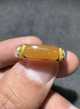 方言和田玉老熟新疆且末糖青花籽料藕粉碧玉18K金镶嵌17mm戒指S