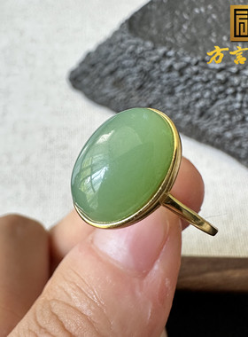 美滋滋方言和田玉精美俄料老坑碧玉粉青925银镶玉设计款戒指指环O