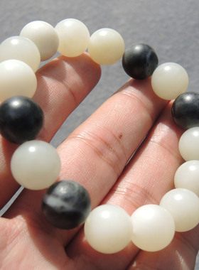 美哭了方言和田玉老熟油润青花籽料一线天白玉精美12mm手串手链S