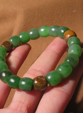 方言珍稀绿色名品新疆碧玉籽料留皮孔老型10mm菠菜绿色手串手链X5