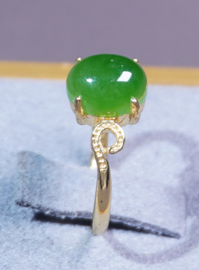 方言和田玉菠菜绿碧玉银镶玉戒指