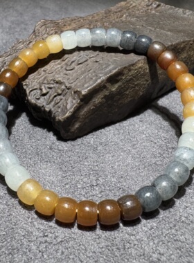 巨好看方言新疆和田玉老坑且末楼兰三色糖白青花白玉老型珠手串S6