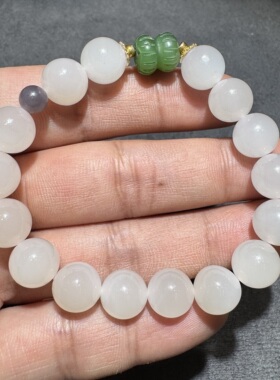 收藏方言和田玉老坑青海料高品质藕粉碧玉并蒂花开18K金10mm手串S