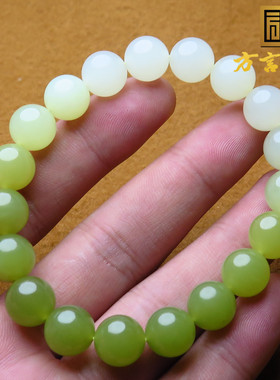 罕见方言和田玉精品青海料高透白玉翠色渐变色10mm白玉圆珠手串X7