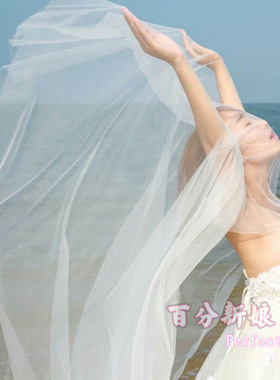 新娘头纱简约裸素纱百搭婚纱照拖尾超仙头纱吻拍照道具韩国水晶纱