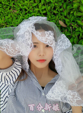 新娘结婚头纱红色蕾丝花边长拖尾婚纱头饰红盖头纱巾白万圣节造型