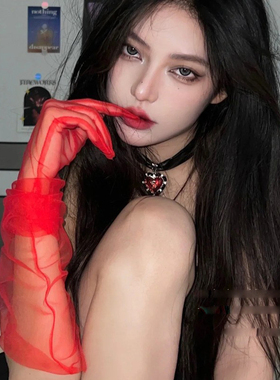 红色网纱手套酒红色新娘结婚婚纱礼服超薄长款舞台写真黑白万圣节