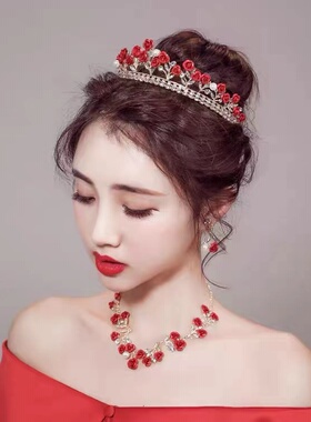 红色皇冠头饰结婚新娘中式敬酒服