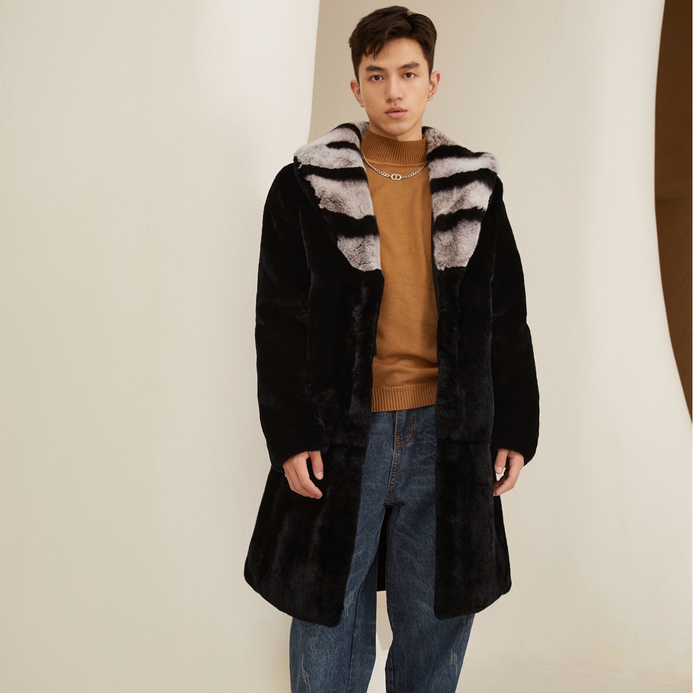 秋冬皮草外套男士长款时尚保暖皮毛一体獭兔毛青紫蓝狐狸毛领大衣 - 图0