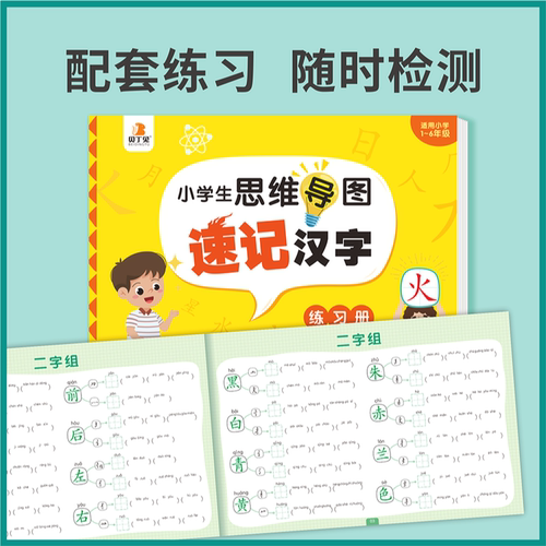 贝丁兔小学速记汉字手卡小学生思维导图识字认字升级版汉子识字书-图1