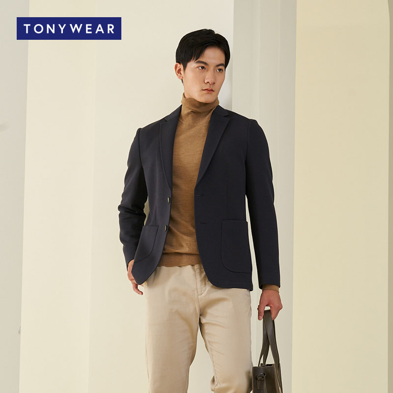 TONY WEAR/汤尼威尔春秋含羊毛两粒扣修型半衬休闲针织小西服男西