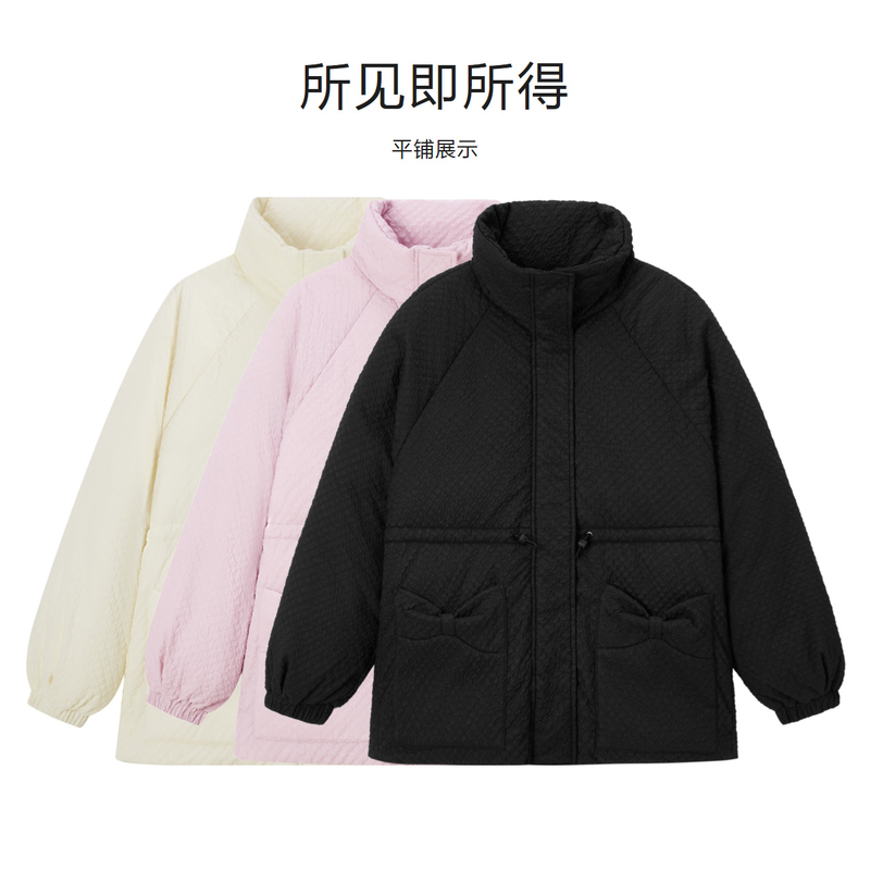 森马棉服短款蝴蝶结肌理收腰棉服