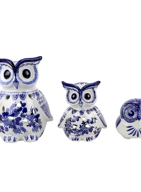 景德镇青花瓷新中式工艺家居摆设雕塑猫头鹰三件套陶瓷烛台摆件