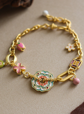 原创新中式复古精致彩色滴油珐琅郁金香女士手链轻奢小众百搭民族