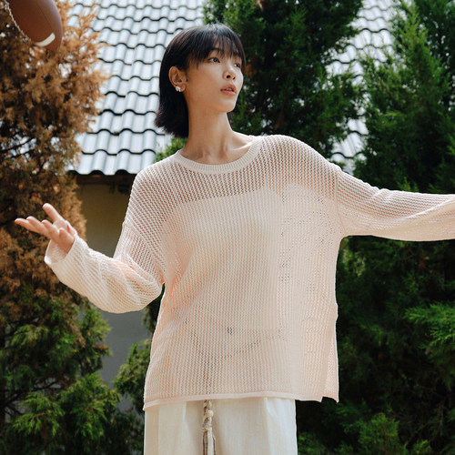 AS镂空侧开叉针织衫女26春新款透气圆领长袖慵懒宽松舒适百搭上衣 - 图1