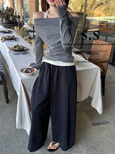S-SHE57012春季新款韩货慵懒抽绳松紧腰中缝拼接麻料阔腿弯刀裤女 - 图3