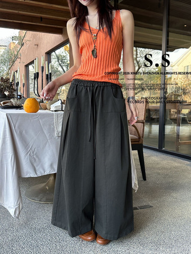 S-SHE57012春季新款韩货慵懒抽绳松紧腰中缝拼接麻料阔腿弯刀裤女 - 图0