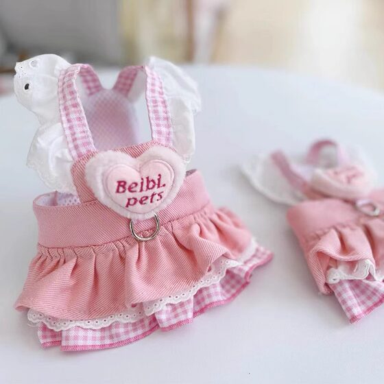 Dog clothes flying sleeves denim skirt with leash pet breathable chest and back skirt Yorkshire Maltese spring and autumn