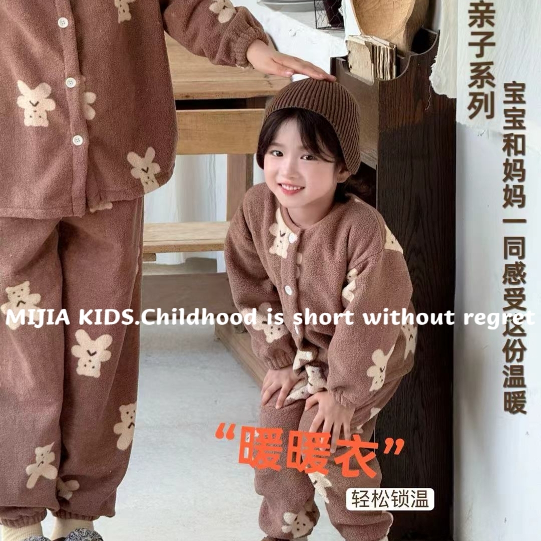 秋冬季2025新款甜美少女法兰绒睡衣男女童加厚保暖家居服套装 - 图2