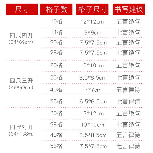 四尺对开三开四开毛笔字练习纸学生软笔书法考级专用方格纸半生半熟20格28格40格56格书法作品纸考试比赛用纸 - 图1