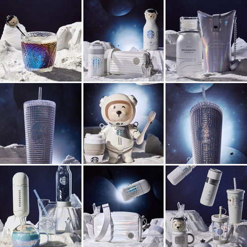 2024星巴克杯子粉樱花宇航员渐变女神墨绿色铜牌章炫彩随行保温杯 - 图0