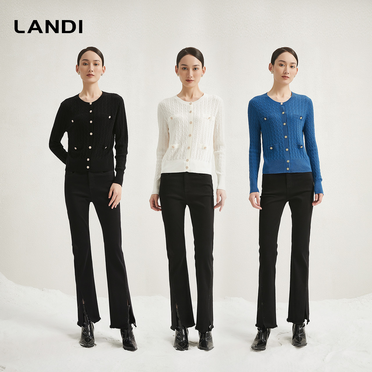 [法式轻熟香风]LANDI绞花羊毛修身针织衫女开衫上衣2024冬新品 - 图0