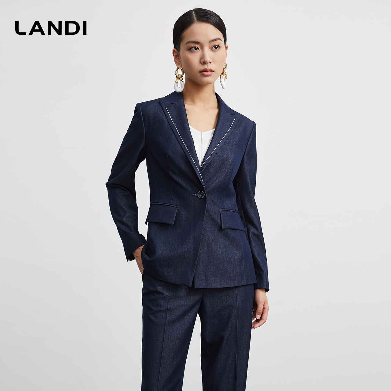 [复古回潮]LANDI仿牛仔长袖西装套装女2023年秋季新款收腰西服 - 图2