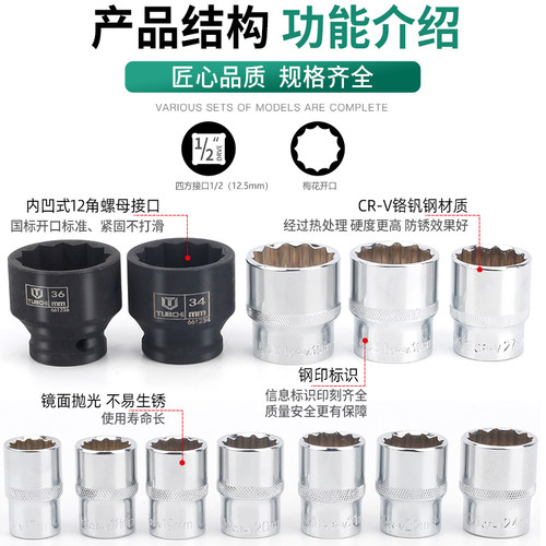 12角梅花套筒套装12花梅花套筒1/2寸大飞小风炮套筒头8-36mm花型 - 图0