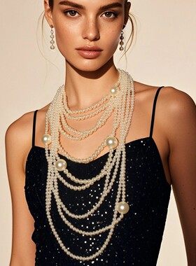 Layered Faux Pearl Necklace, Long Sweater Necklace for Women