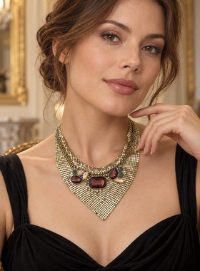 做旧金网格亮片锁骨链
