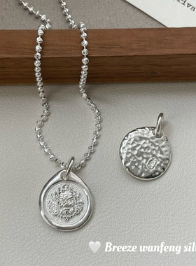 S925纯银黄财神捶打纹圆牌吊坠实心纯银复古国潮小众设计百搭高级
