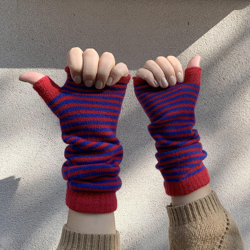2022年新款条纹撞色针织露指半指手套女冬季 保暖针织袖子手臂套,淘宝优惠券,粉丝福利购,淘宝优惠卷