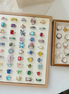 欧美外贸风时尚彩色镶钻几何形戒指简约轻奢个性女食指指环饰品