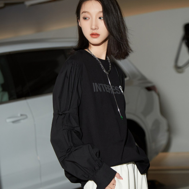 U/TI black street style splicing small diamond long-sleeved T-shirt women's design casual and stylish spring new style