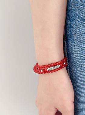 VerGem原创天然红玛瑙手串五行补火S925银手链三圈细款男女手串