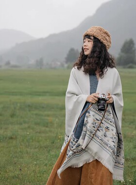 仿羊绒带帽斗篷流苏空调围巾两用