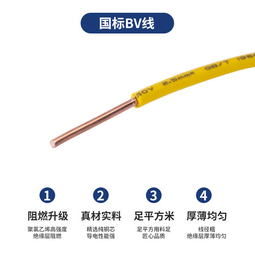 JYS金胜国标3C电缆纯铜芯软线单芯硬线BV2.5平方装修家用电线100M-图0