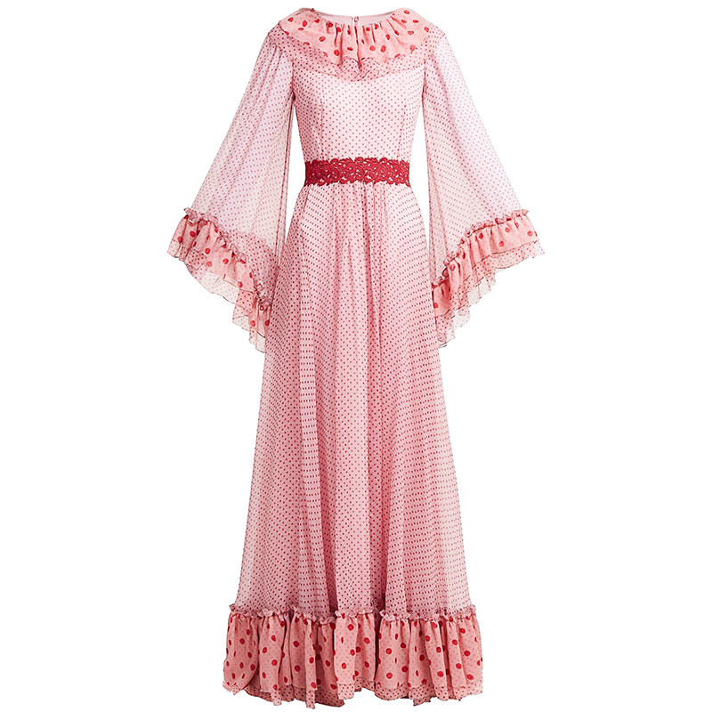 复古宫廷风波点粉色连衣裙女气质修身显瘦长裙大摆长袖印花裙子秋,淘宝优惠券,粉丝福利购,淘宝优惠卷