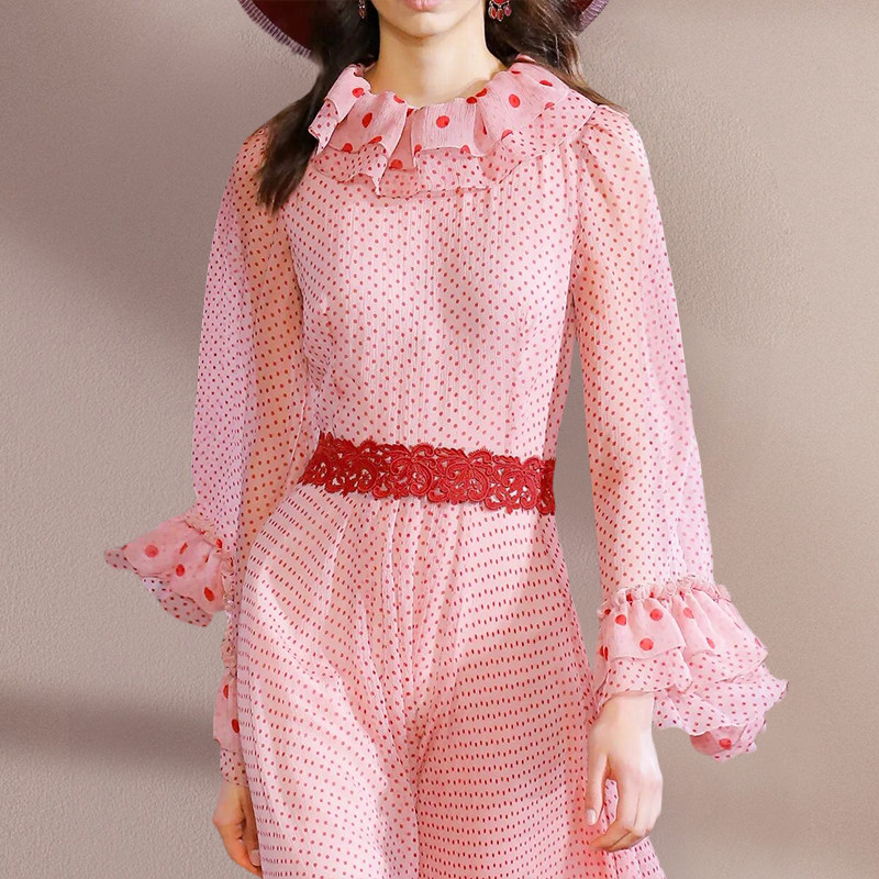 复古宫廷风波点粉色连衣裙女气质修身显瘦长裙大摆长袖印花裙子秋,淘宝优惠券,粉丝福利购,淘宝优惠卷