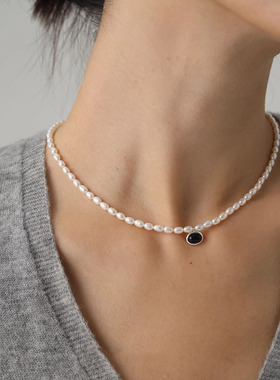 纯银几何椭圆形小米珍珠项链百搭