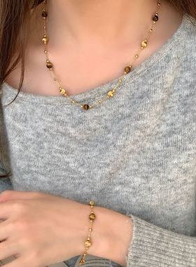 复古纯银拉丝圆球虎眼石毛衣链女