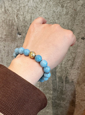 复古纯银拉丝幸运圆球海蓝宝手链