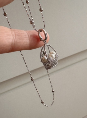 astudio纯银珍珠编织花篮项链女