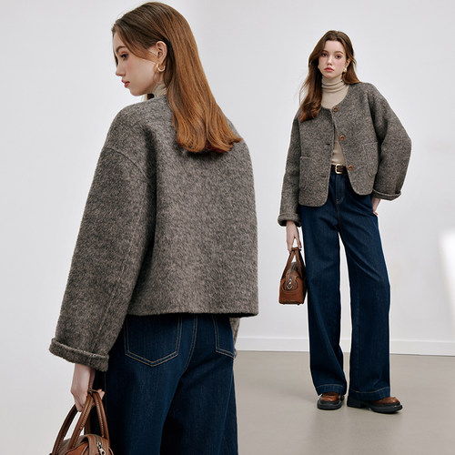 KBNE毛呢外套女绵羊毛短款双面呢子大衣小个子2025新款秋冬季外衣 - 图0