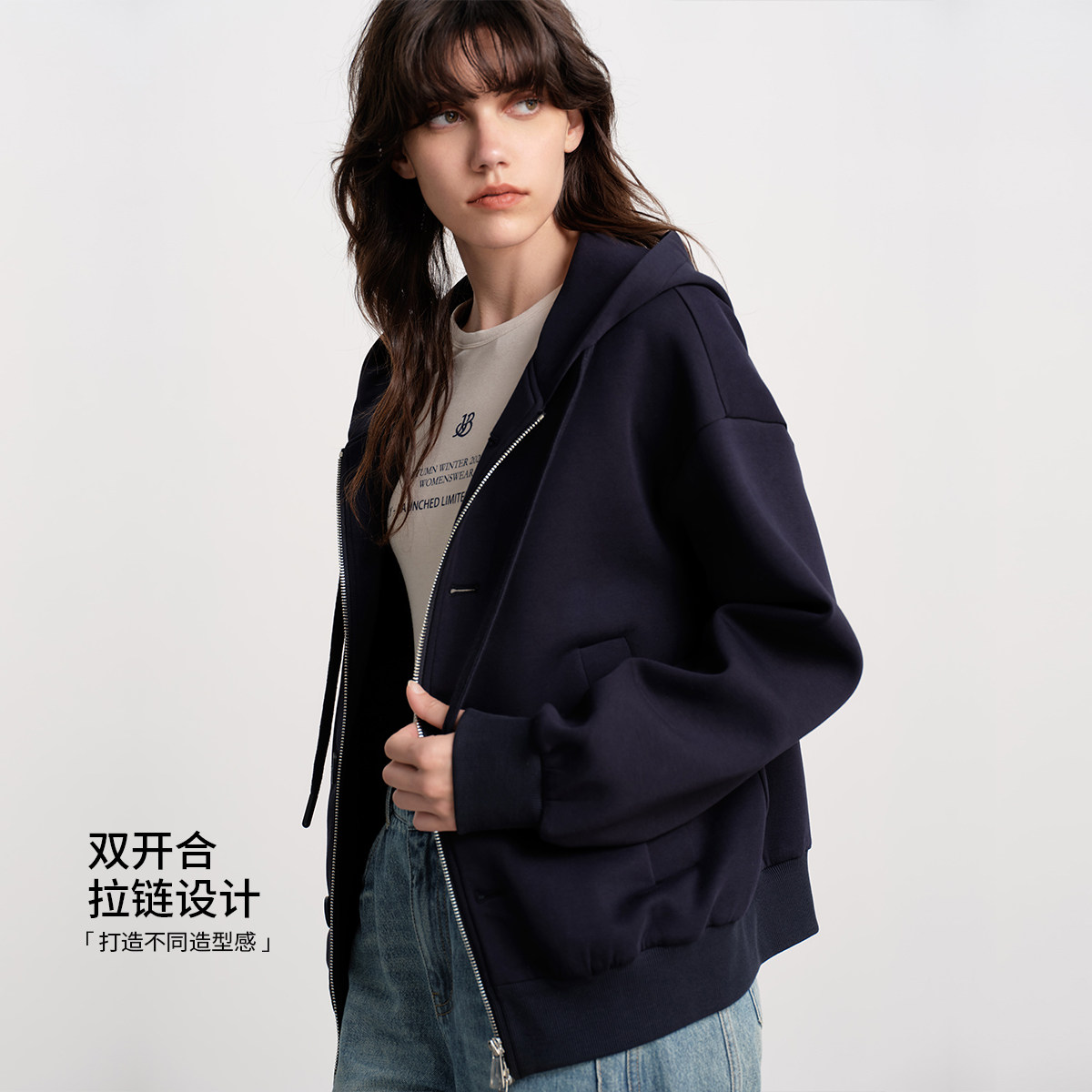 KBNE呼吸棉两穿针织连帽开衫25秋季新款灰色短外套女气质长袖上衣,淘宝优惠券,粉丝福利购,淘宝优惠卷