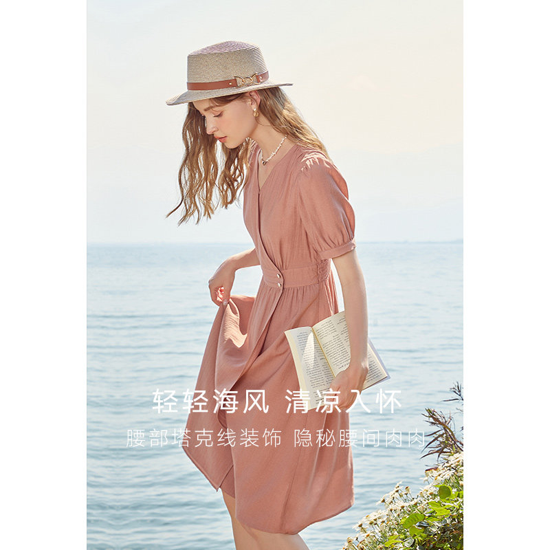 红色女v领中长款kbne2023连衣裙 kbne服饰连衣裙