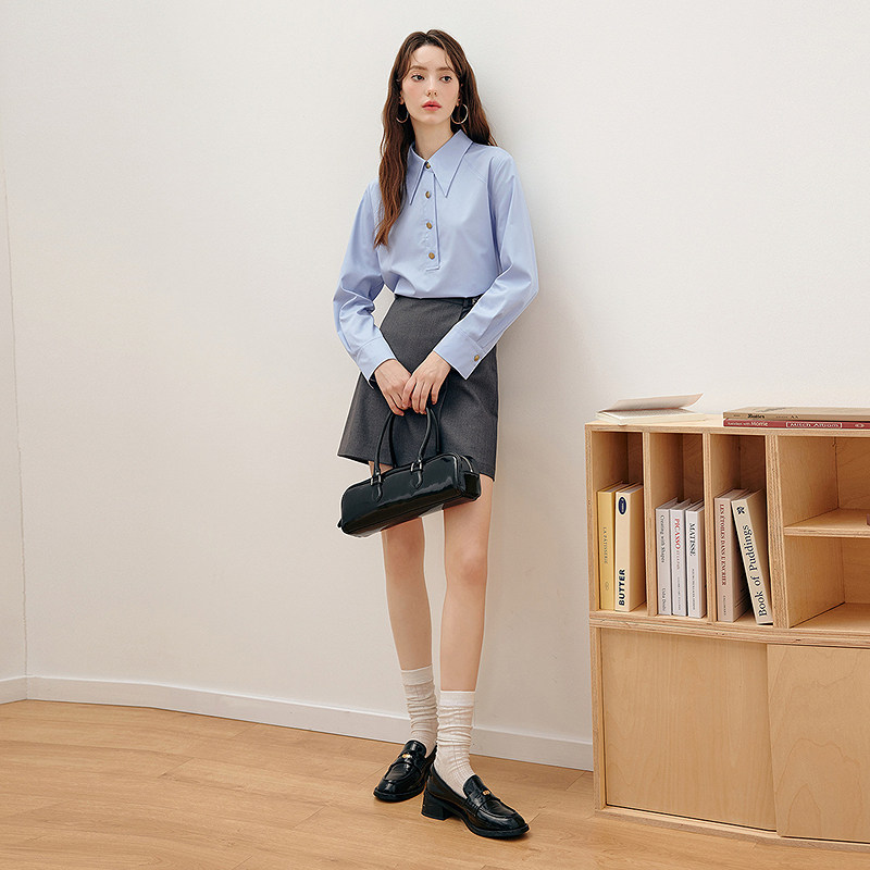 KBNE2025新款蓝色长袖翻领直筒衬衫今年流行甜美衬衣气质上衣春秋