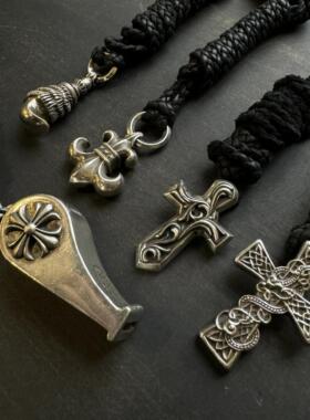 泰银火焰十字架六芒星皮绳项链